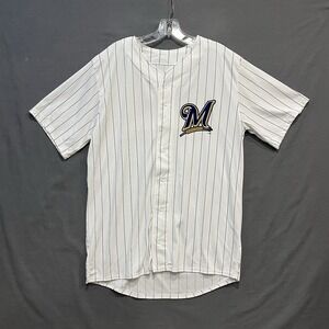 Milwaukee Brewers Jersey Mens Medium White Pinstripes MLB Baseball Fan Promo